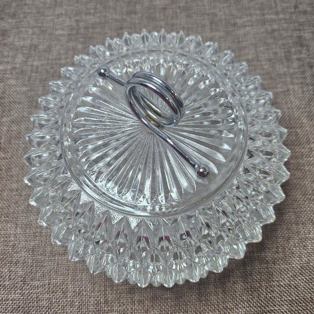 Beautiful Clear Diamond Point Indiana Glass Lidded Candy Dish With Chrome Handle